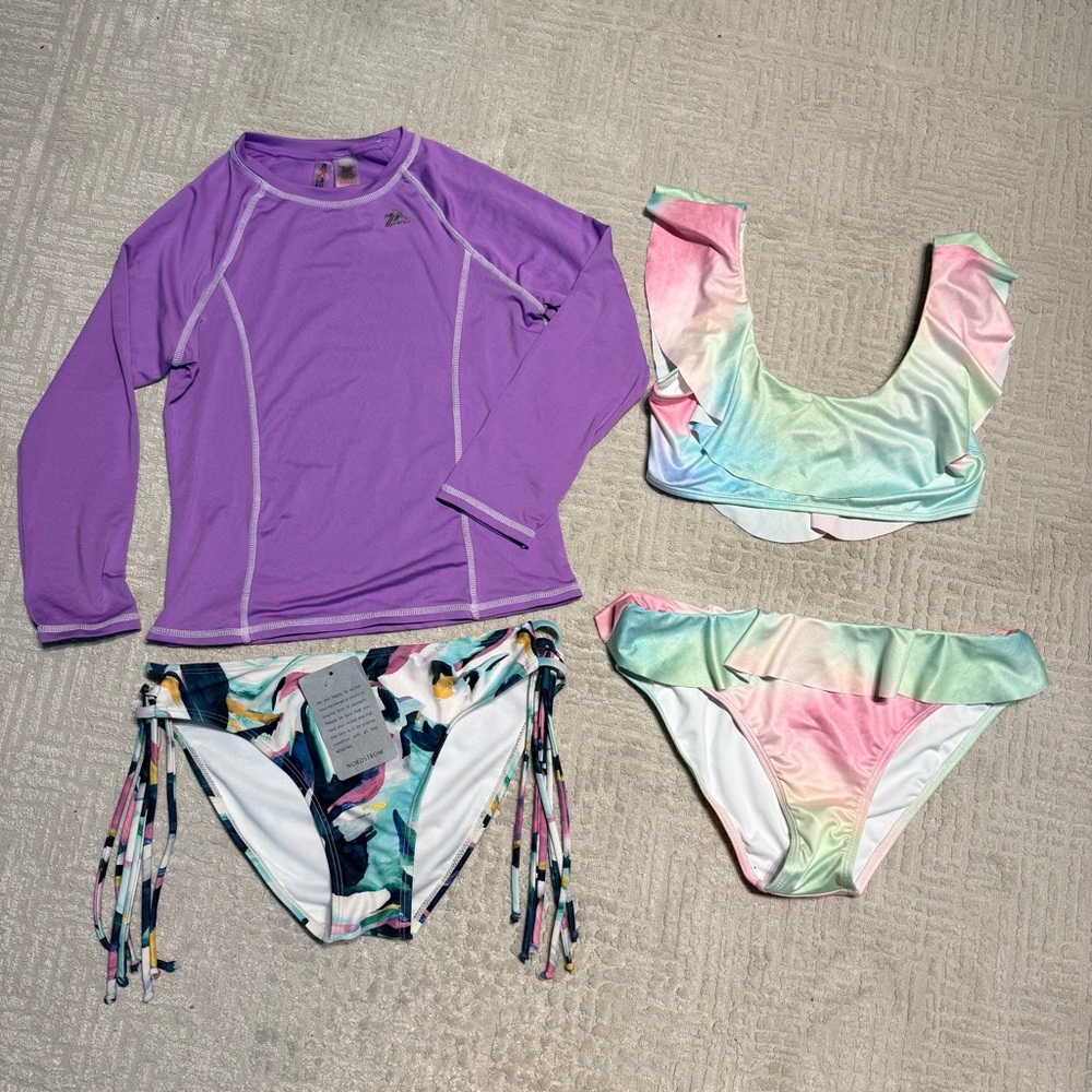 Stella Cove + Nordstrom Bikini & Rashguard Swim Set Purple and Pink Girls 14 (L)